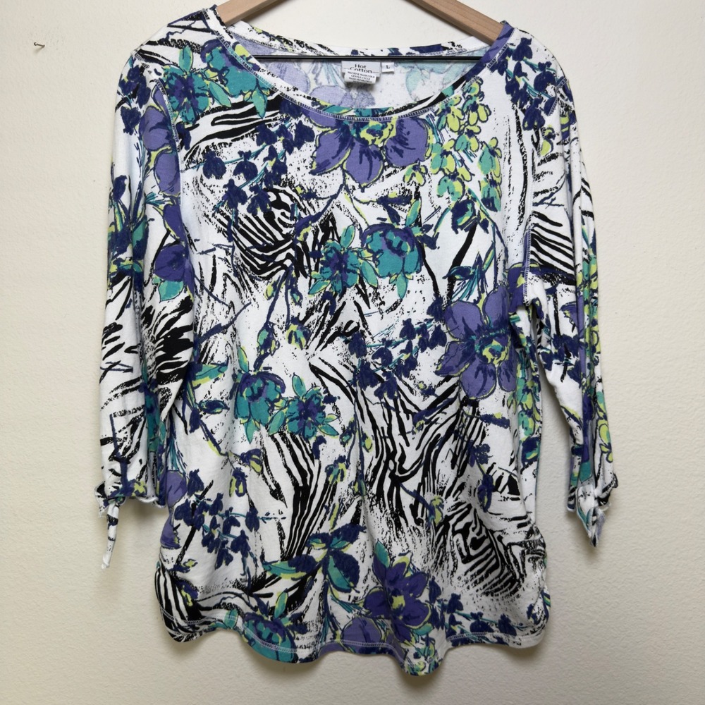 Hot Cotton Women Floral Zebra Print 3/4 Sleeve‎ Top White Purple Large Artsy